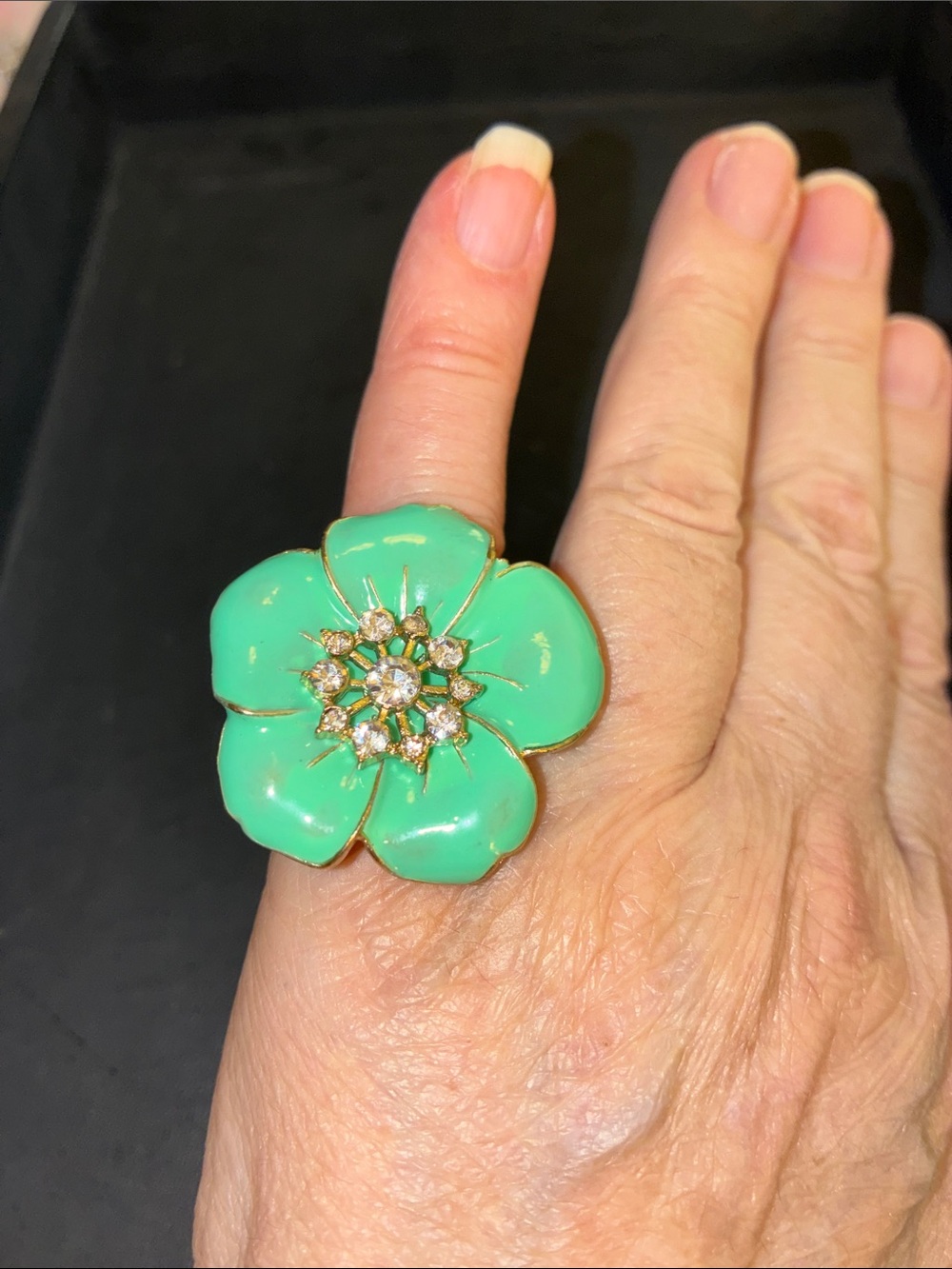 Green Flower Statement StretchRing with Gold & Crystal Detail